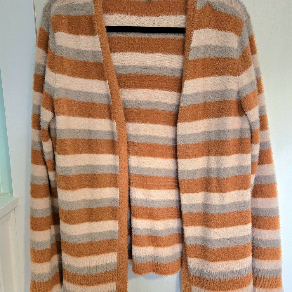 Striped Women's Cardigan Sweater - Orange, Cream, and Gray